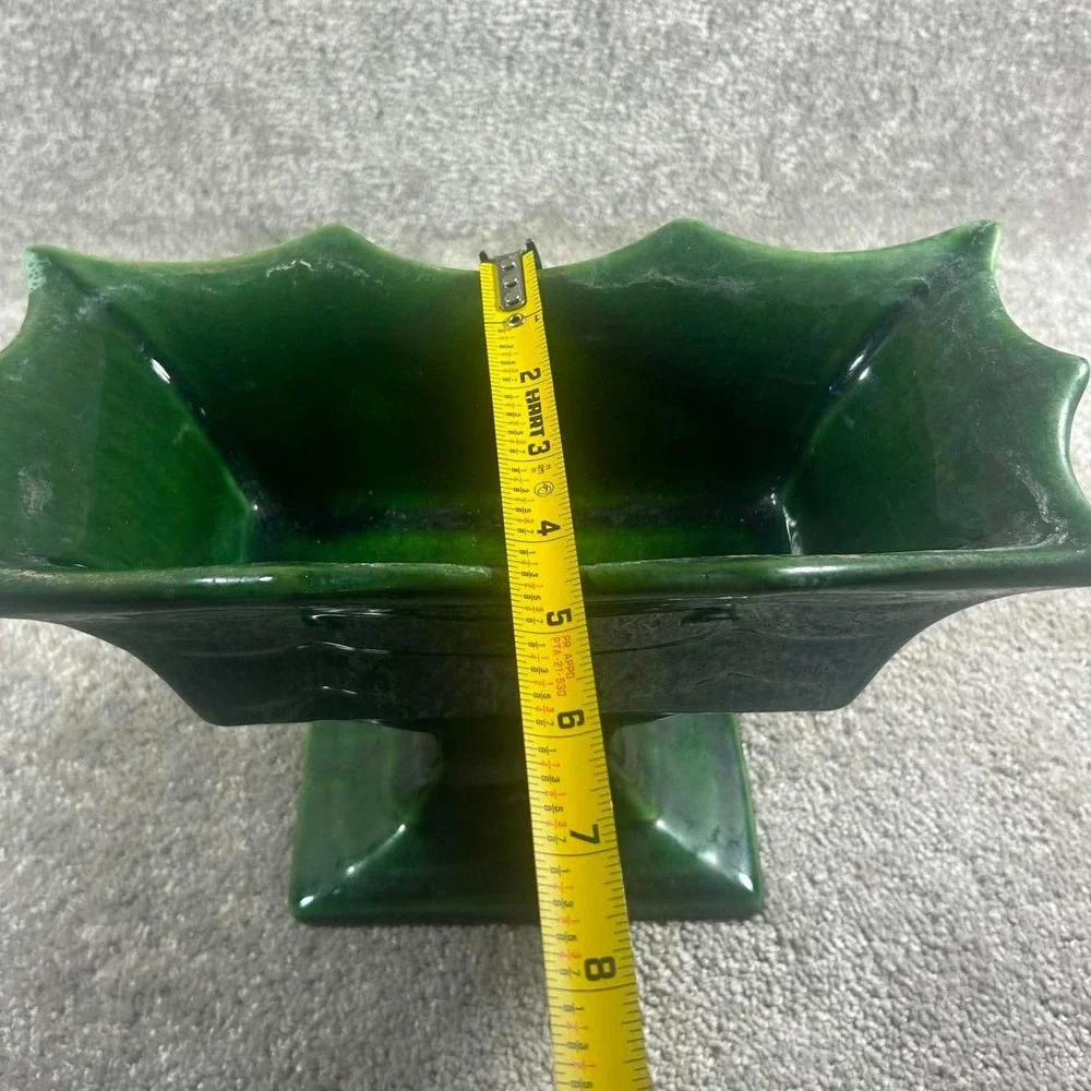 Pedestal Planter Green Scalloped Ceramic Centerpiece Bowl Vintage